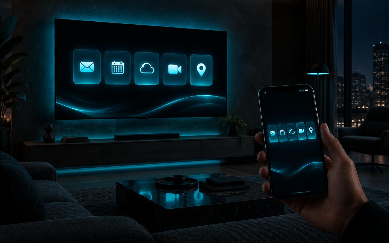 3ʙɪ OS home screen on a wall TV and a phone, with five glowing app cards